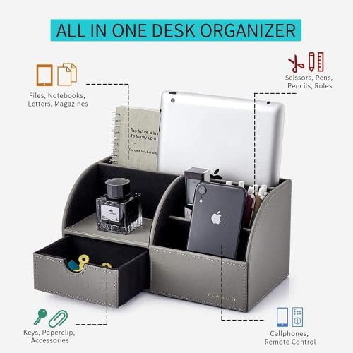 VLANDO Office Desk Organizer Leather Desktop Organizer Caddy with Drawer for Storing Desktop Supplies and Accessories (Grey Set)