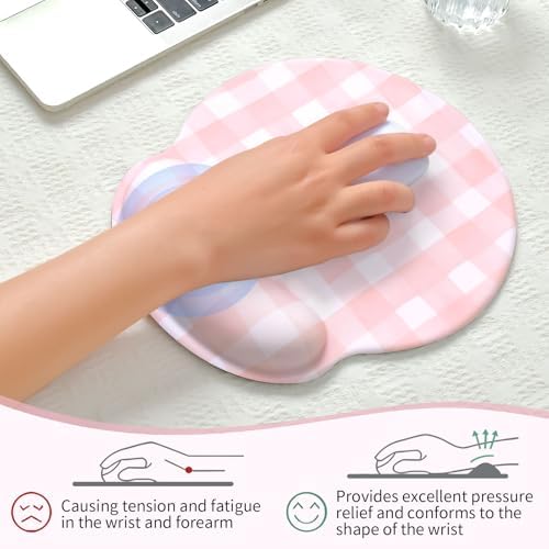 Retro Checkered Mouse Pad with Support Wrist Rest,Cute Funny Boho Ergonomic Mouse Pad with Non-Slip Base for Office Gaming Working Computers,Desk Accessories Pain Relief,Pink