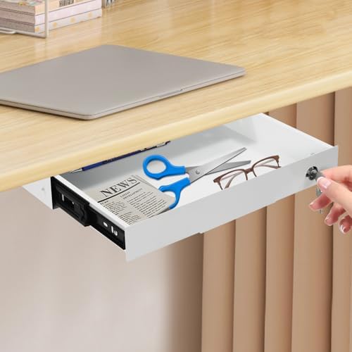 14'' Under Desk Mounted Sliding Pull-out Drawer, Drawer Storage Organizer Pull-out Drawer with Lock Space-Saving, for Office Desk, Pull Handle, Storage Organizer for Sit Stand Workstation, White