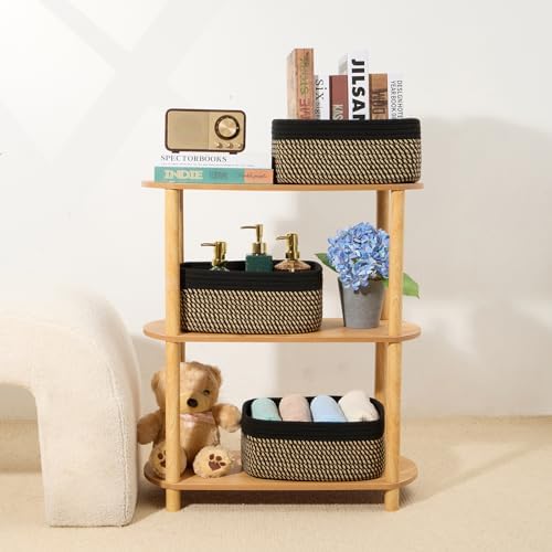 MiniArk Small Storage Baskets for Organizing | Closet Organizer Bins | Shelf Toy Basket | Woven Rope Baskets | Cube Decorative Box | Shallow Basket | 13x8.5x5.1” | 3 Packs Black Brown