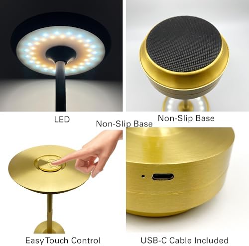Cordless Table Lamps Rechargeable, Portable Battery Operated Lamp, 3 Color Stepless Dimming LED Table Light with Memory Function, for Outdoor/Dinner/Patio/Restaurant (Gold)