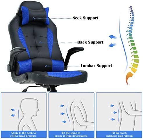 Blue Gaming Chair, PU Leather Gaming Chairs for Adults, Comfy Office Chair Ergonomic Desk Chair Computer Chair with Flip Up Arms, Swivel Reclining Gamer Chair, Height & Backrest Adjustable, 300 Lbs
