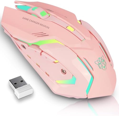 Wireless Gaming Mouse,Rechargeable Computer Mouse with Type-C Fast Charging, Ergonomic Mouse with 3 Adjustable DPI, 6 Silent Buttons, LED Light, Long Battery Life for Laptop, PC, Mac (Pink)