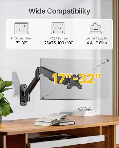 monTEK Single Monitor Wall Mount, Full Motion Spring Arm for 17-32" Screen