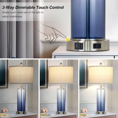 26" Coastal Blue Glass Table Lamps Set of 2, 3-Way Dimmable Touch Control Bedroom Lamp with USB C+A Ports & AC Outlet, Elegant Living Room Lamp, Nautical Bedside Lamps for Nightstand Side End Table