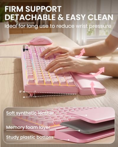 EWEADN Wired Keyboard and Mouse Combo with Detachable Wrist Rest - Pink