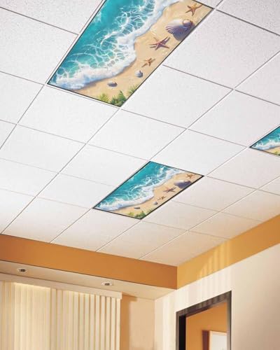 Ocean 2 Pcs Fluorescent Light Covers, Sandy Beach Marine Wave Seashell Magnetic Filters Shade Panel Light Covers for Ceiling Lights Classroom Office Home Ceiling Decoration, 4 x 2 Ft