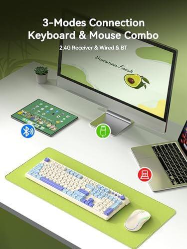 Wireless Keyboard and Mouse Combo, RGB Backlit Rechargeable 2000 mAh Battery, Wireless Computer Keyboards, Tri-Mode Bluetooth/2.4GHz/USB-C Custom Creamy Keyboard, RGB Backlit Media Knob