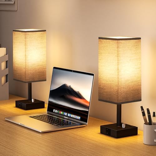 Black Bedside Table Lamps Set of 2 - Dimmable, USB C+A, 2 AC Outlets