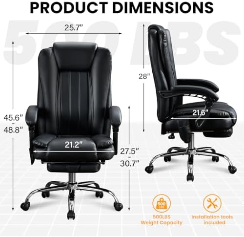 500LBS Massge Office Chair with Foot Rest,6 Points Vibration & Heat Big and Tall Office Chair with Back Support, Ergonomic Comfort 135° Reclining Desk Chairs Managerial Chairs for Heavy People