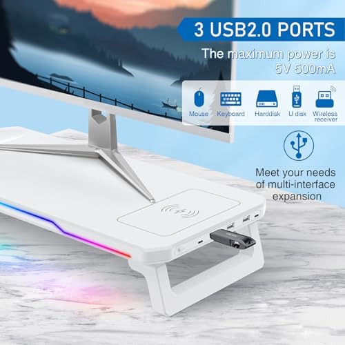 Monitor Stand Riser with USB 3.0 Hub & Type-C Port, 15W Fast Wireless Charging & RGB Lighting, Desk Organizer for Home Office PC iMac 27 Inch (White)