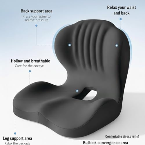 Ergonomic L-Shaped Memory Foam Seat Cushion with Lumbar Support, Designed to Help Relieve Tailbone, Coccyx & Lower Back Pain for Office,Truck, Car & Travel (Black)