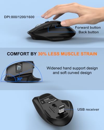 Ergonomic Wireless Keyboard and Mouse Combo, 2.4GHz Full Size Wave Keys Computer Keyboard with Wrist Rest for Natural Typing, Silent 6 Button USB Mouse for Laptop PC Windows Mac (Black)