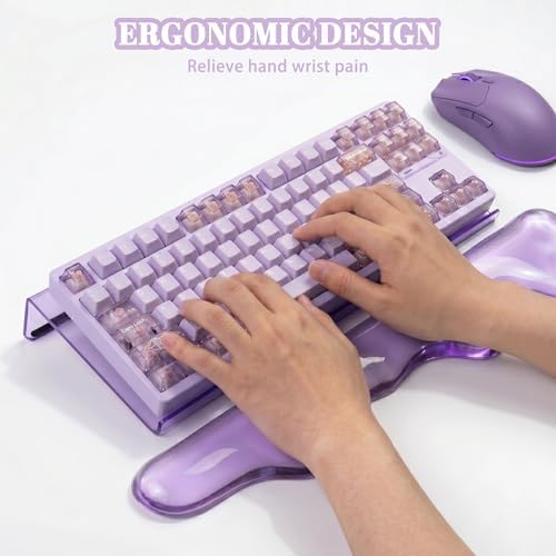 Acrylic Computer Keyboard Stand with Gel Mountain Wrist Rest Keyboard Riser with Comfortable Clear Silicone Mouse Wrist Pad Ergonomic Tilted Transparent Keyboard Holder for Desktop Office Purple