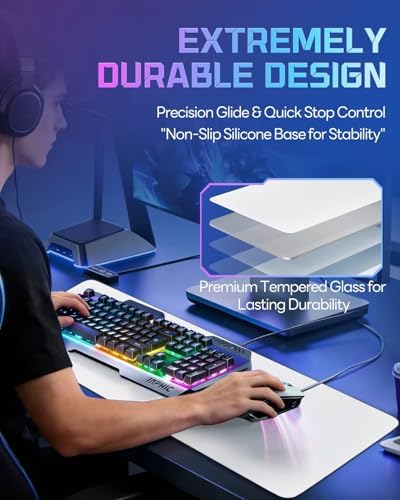 XXL Glass Gaming Mouse Pad, 38.5 × 16.5 Inch Extended Desk Mat, White