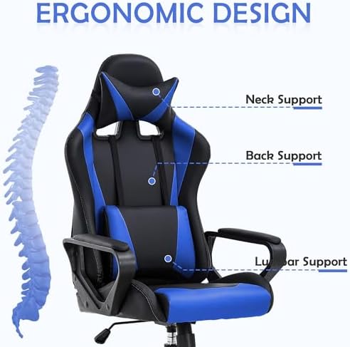 Blue Gaming Chair - High Back Ergonomic Office & PC Gaming Chair with Wheels, Reclining & Adjustable Headrest & Lumbar Support