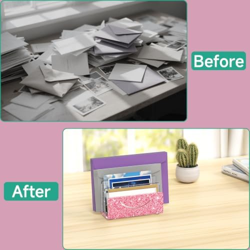Mail Organizer Envelope Holder - 3 Compartments Glitter Pink Acrylic Mail Holder Countertop Home Office Desk Organizer Small File Sorter Vertical Bill Letter Paper Document Storage Rack