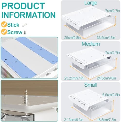 SVNNELP Under Desk Table Drawer Storage Organizer,3 Pack Small & Medium & Large Slide Out Desk Drawers - Hidden Desktop Organizer,Adhesive Storage Pencil Tray Under Table(Clear/LMS)