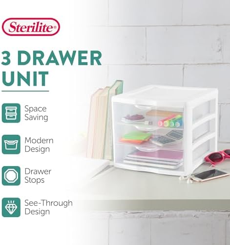 Sterilite Wide 3-Drawer Storage Unit for Bedroom and Dresser, 4-Pack