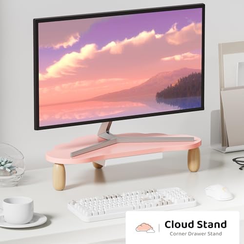 AFOOYO Monitor Stand Riser,Cloud-Shaped Sturdy Wood 16.5In Computer Monitor Riser Wirh Drawer, Multi-Purpose Desktop Organizer Riser for Computer,Laptop,Printer,TV,Pink