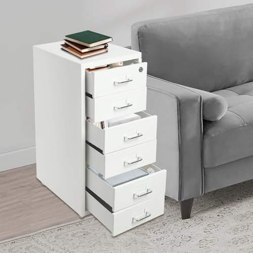 6 Drawer Rolling File Cabinet with Lock, Metal Filing Cabinet with Wheels, Desk Organizer with Drawer, Under Desk Storage for Home Office
