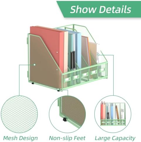 SUPEASY Desk Organizers Metal Desk Magazine File Holder with 5 Vertical Compartments Rack File Organizer for Office Desktop, Classroom, Home Workspace, Green