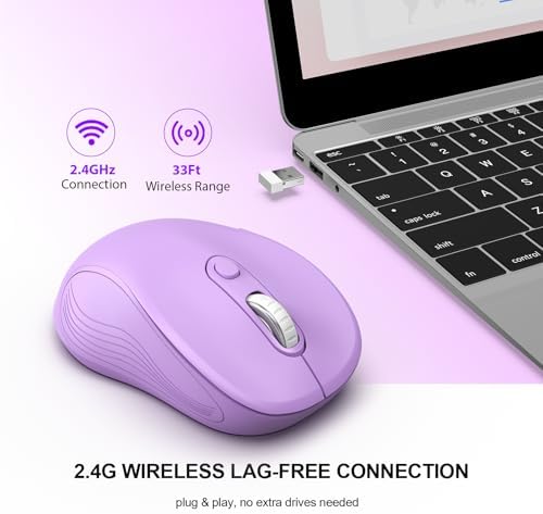 WisFox 2.4G Wireless Mouse for Laptop, Ergonomic Computer Mouse with USB Receiver and Type-C Adapter, 3 Adjustable Levels DPI, 6 Button Mice (Lilac)