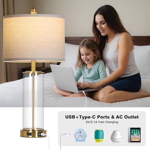 Ruzectt 26" Glass Table Lamp Single, 3-Way Dimmable Touch Control Living Room Lamp with USB C+A Ports & AC Outlet, Modern Bedside Lamps, Bedroom Lamps for Nightstand Side End Table Desk, Gold-1PK