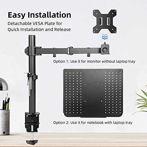suptek Single Laptop Notebook Desk Mount with Tray for 13-27 inch Computer Screen, Fully Adjustable Laptop Desk Arm for Notebook up to 17’’, Weight up to 15.6 lbs