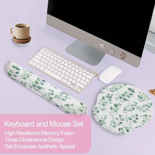 Eucalyptus Leaf Boho Ergonomic Wrist Support Keyboard Mouse Wrist Rest Set, Computer Office Comfortable Wrist Rest for Mouse Easy Typing