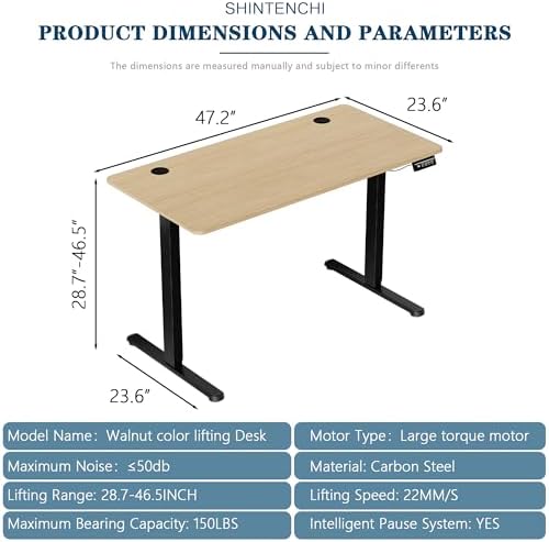 Shintenchi Standing Desk, Height Adjustable Electric Sit Stand up Desk, Ergonomic Rising Computer Table, 48x24 Inch Modern Lift Gaming Desk Workstation for Home Office, Black & Walnut