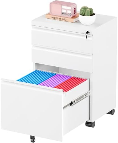 Greenvelly 3 Drawer Mobile File Cabinet with Lock, Fully Assembled Rolling File Cabinet Except Casters, Under Desk File Cabinet with Wheels for Home Office Fit Legal/Letter/A4 File (Assembled, White)