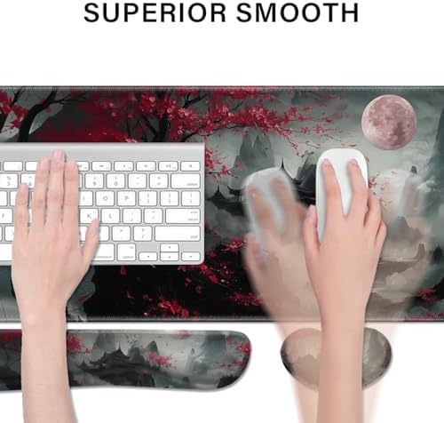 Desk Pad and Keyboard Wrist Rest,Janpense Large Mouse Pad + Keyboard Pad+Mouse Wrist Support, Non-Slip Desk Mat Protector for Office, Home 31.5×11.8 Inches Cherry Blossom