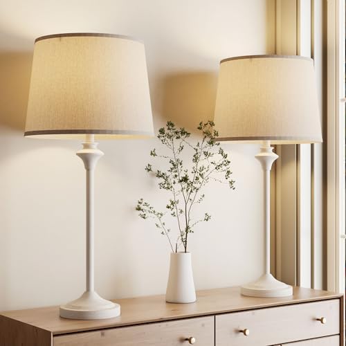 Maxax Farmhouse Table Lamps Set of 2 for Living Room, Antique White Metal Buffet Lamps with Oatmeal Shade Decor, 26" Tall Skinny Bedside Nightstand Lamps for Bedroom