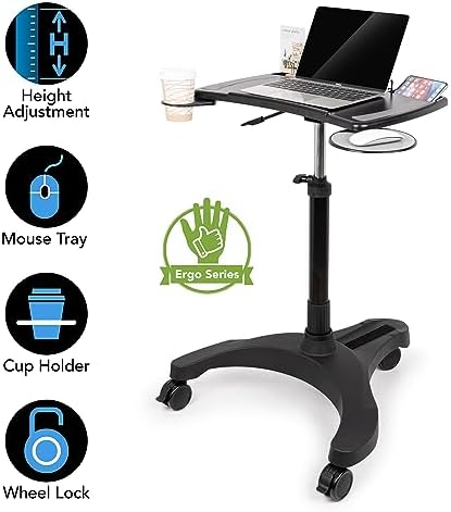 EHO Mobile Laptop Standing Desk Carts on Wheels with Stationery Storage, Pneumatic, Height Adjustable Rolling Stand, Sit to Stand Computer Cart, Workstation for Home, Office, Medical and School