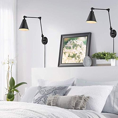 WINGBO Farmhouse Swing Arm Wall Sconce Set of 2, Industrial Adjustable Wall Lamp Light Fixture for Living Room Bedroom Vanity Study Desk Office, Plug in or Hardwired, Black