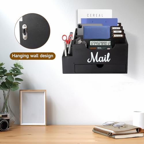 Wood Mail Organizer Countertop, with 6 Compartments and Drawer
