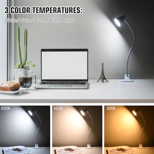 Clamp Desk Lamp, Clip on Reading Light, 3000K-6500K Adjustable Color Temperature, Multiple Illumination Modes, CRI>90, 6Watts (Adapter Included)