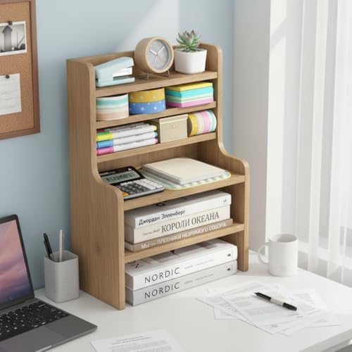 Tangkula 6-Tier Desktop File Organizer, Wooden Mail Letter Tray Organizer with 2 Removable Shelves for Papers, Folders & Office Supplies, Space-Saving Desktop File Holder for Small Spaces Home Office