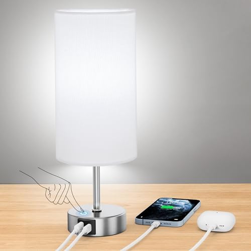 ROTTOGOON 12.8" Touch Control Table Lamp, 3-Way Dimmable Small Bedside Nightstand Lamp with 2 USB Ports, Modern Table Lamps with 6500K Daylight LED Bulb for Bedroom Living Room