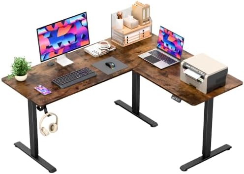 Furmax 63 x 55 Inch L Shaped Standing Desk with 2 Preset Heights, Electric Height Adjustable Computer Table, 2 Hooks & Feet Balance, Corner Sit Stand Desk for Home Office (Rustic Brown, 63 x 55 Inch)
