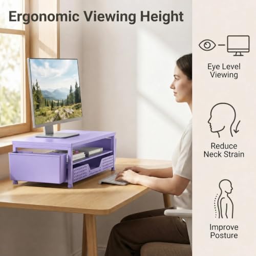 ECOLOVI Desk Organizer and Accessories, 2-Tier Computer Monitor Stand Rise with Storage Drawer & 2 Pen Holders, Laptop & Printer Stand for Desktop, Workspace Organizers for Office Supplies (Purple)