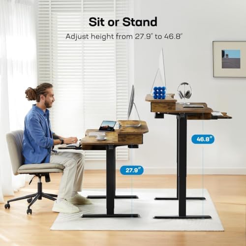 HUANUO 55" x 26" Electric Standing Desk, 2 Drawers & Keyboard Tray, Vintage