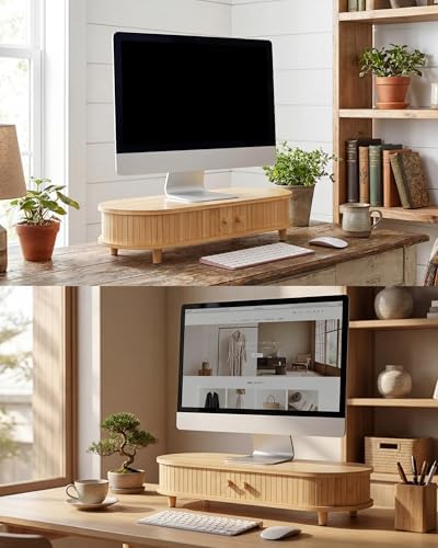 Bamboo Monitor Stand with Storage, 25 Inch Desk Shelf Riser