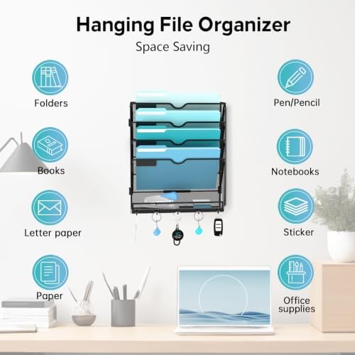 5 Tier Wall File Organizer, Metal Holder with Bottom Hooks