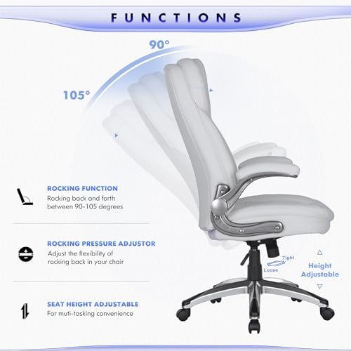 COLAMY Executive Office Chair-Ergonomic Computer Desk Chair, High Back Leather Chair with Padded Flip-up Arms, Swivel Home Office Chair Upgraded Caster, White