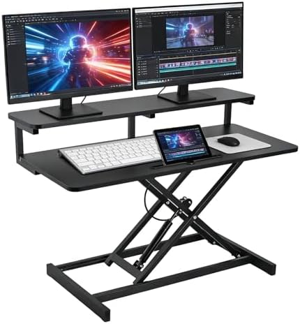 37" Standing Desk Converter with Pneumatic Single-Button Lift, Adjustable Desk Riser for Two Monitors & Laptop, Height Range 10.2-24.8", 39.68 Lb Load, 37" Main + 9" Secondary Desks