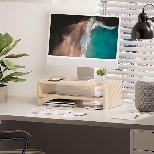 FITUEYES Wooden Monitor Stand Riser, 2-Tier Desk Storage Shelf, Oak