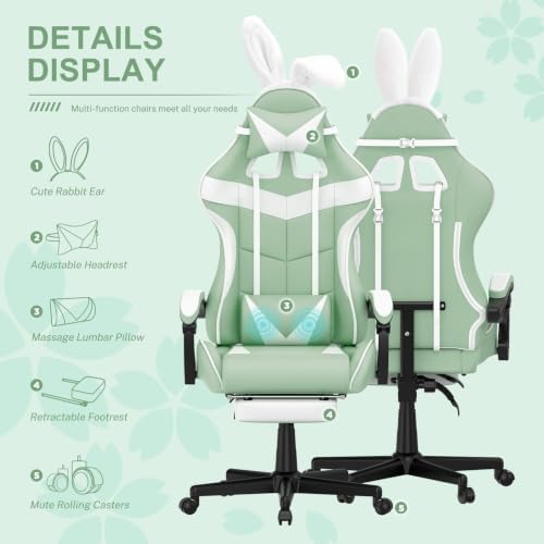 Huracan Gaming Chair with Footrest, Ergonomic Computer Chair Lumbar Support, Adjustable High Back Recliner for Adults, Racing Style Video Gaming Chairs, for Home Office Streaming, Light Green