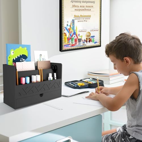 Wisuce Bamboo Mail Organizer with Drawer, Countertop Desk Organizer(Black)